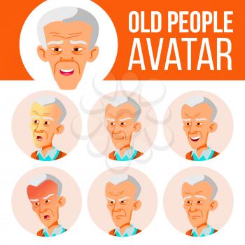Asian Old Man Avatar Set Vector. Face Emotions. Senior Person Portrait. Elderly People. Aged. Children. Beautiful, Funny. Head Illustration
