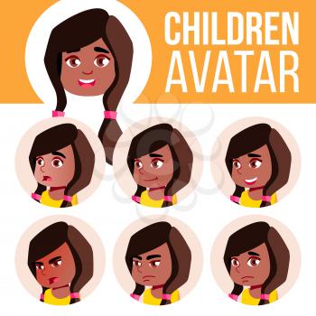 Girl Avatar Set Kid Vector. Black. Afro American. Kindergarten. Face Emotions. Preschool, Baby, Expression. Birth Life Emotional Print Invitation Head Illustration