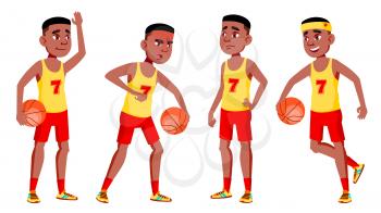 Teen Boy Poses Set Vector. Black. Afro American. Active, Expression. For Presentation, Print, Invitation Design Isolated Cartoon Illustration