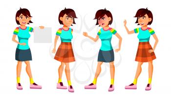 Asian Teen Girl Poses Set Vector. Leisure, Smile. For Web, Brochure, Poster Design. Isolated Cartoon Illustration
