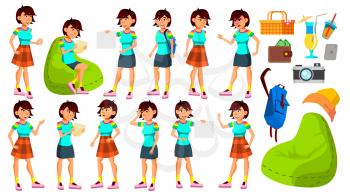 Asian Teen Girl Poses Set Vector. Activity, Beautiful. For Postcard, Cover, Placard Design. Isolated Cartoon Illustration