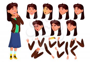 Asian Teen Girl Vector. Teenager. Positive Person. Face. Children. Face Emotions, Various Gestures. Animation Creation Set. Isolated Flat Cartoon Illustration