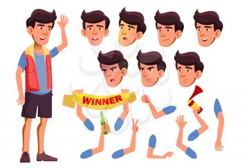 Asian Teen Boy Vector. Teenager. Face. Children. Face Emotions, Various Gestures. Animation Creation Set. Isolated Flat Cartoon Illustration