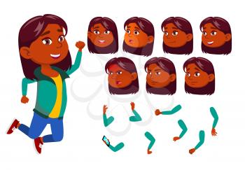 Girl, Child, Kid, Teen Vector. Indian, Hindu. Asian. Happy Childhood. Face Emotions Various Gestures Animation Creation Set Isolated Flat Cartoon Character Illustration