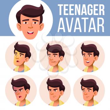 Asian Teen Boy Avatar Set Vector. Face Emotions. Emotional. Casual, Friend. Cartoon Illustration