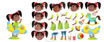 Girl Kindergarten Kid Vector. Animation Creation Set. Black. Afro American. Emotions, Gestures. Baby Expression. For Presentation, Print Invitation Design Animated Isolated Illustration