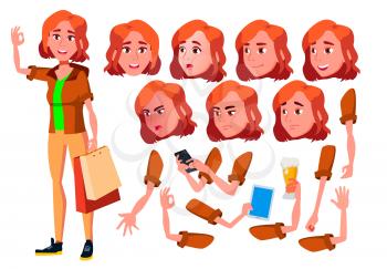 Teen Girl Vector. Teenager. Funny, Friendship. Face Emotions, Various Gestures. Animation Creation Set. Isolated Cartoon Character Illustration