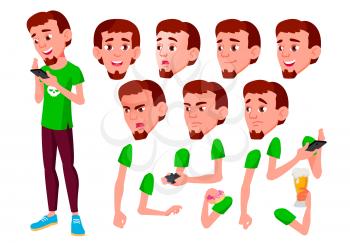 Teen Boy Vector. Teenager. Active, Expression. Face Emotions, Various Gestures. Animation Creation Set. Isolated Cartoon Character Illustration