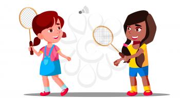 Children Playing Badminton On The Playground Vector. Girls. Isolated Illustration