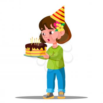 Kid Blowing Out Candles On Holiday Cake Vector. Illustration