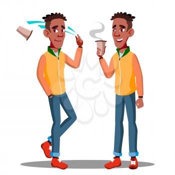 Teenager Litter, Casually Throwing An Empty Glass Of Coffee On The Street Vector. Illustration