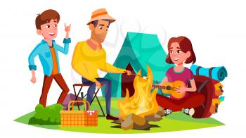 Teenagers Sitting Around Campfire And Have Fun Vector. Illustration