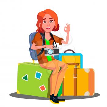 Happy Girl Sitting On Pile Of Suitcases Ready To Travel Vector. Illustration
