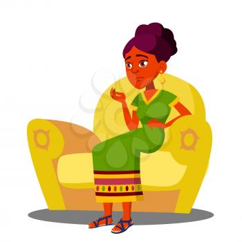 Girl Is Sitting On Sofa With Strong Abdominal Pains Vector. Illustration