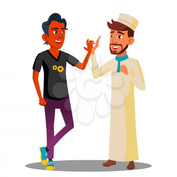 Two Teenagers Giving Five To Each Other, Arab, Indian Guy Vector. Illustration