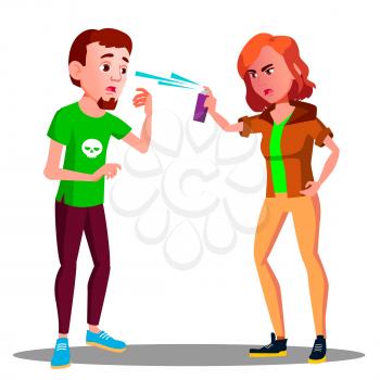 Teen Girl Protect Herself With Pepper Spray Vector. Illustration
