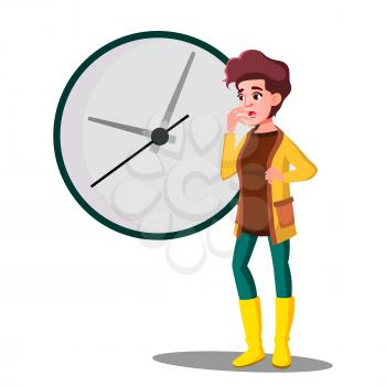 Late, Girl Fright Looking At The Clock Vector. Illustration