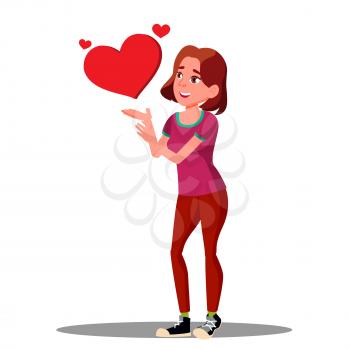 Young Smiling Girl Making A Heart With Her Hands Vector. Illustration