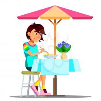 Teen Girl Eating Chinese Noodles Vector. Illustration