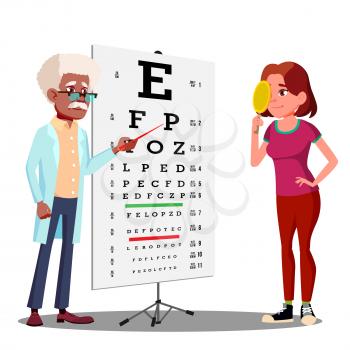 Teen Girl Making Test Chart In Ophthalmologist s Cabinet Vector. Illustration