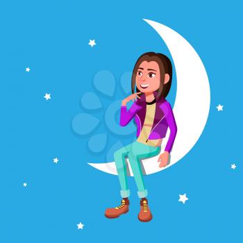 Romantic Young Girl Sitting On The Moon At Night Vector. Illustration