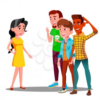 Group Of Young Guys Watching After A Beautiful Girl Vector. Illustration