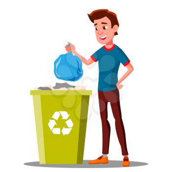 Young Guy Throwing Trash Bags Into Container Vector. Illustration