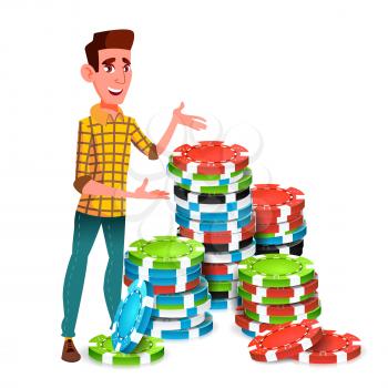 Young Gambler With Huge Stack Of Poker Chips Vector. Illustration