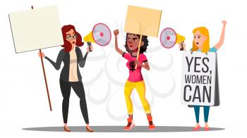 Feminist Girls At Protest Action For Women s Rights Vector. Illustration