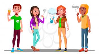 Difficult Teenagers - Alcohol, Cigarettes, Drugs Addiction Vector Illustration