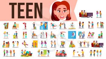 Teen Set Vector. Lifestyle Teenager Situations. Spending Time Together At Home, Outdoor. Isolated Cartoon Illustration
