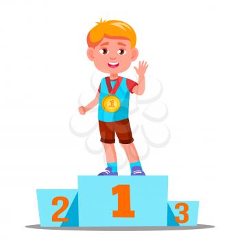 Happy Children On A Sports Pedestal With Gold Medal Vector. Competition. Illustration