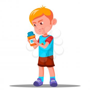 Child Holding Medicine In His Hand Vector. Health. Illustration