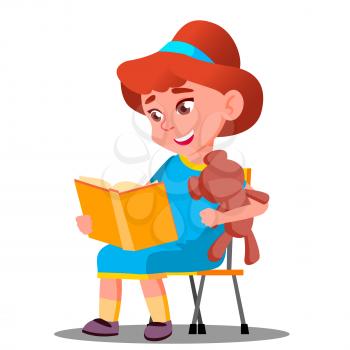Little Beautiful Girl Reading A Book With A Soft Toy Vector. Education Concept. Illustration