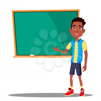 Little Boy Answers At The Blackboard In The Classroom Vector. Afro American. School. Illustration