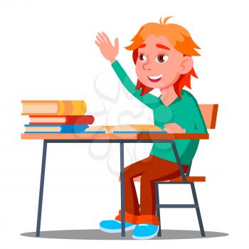 Schoolboy Pulls His Hand To Answer A Lesson Vector. School. Illustration