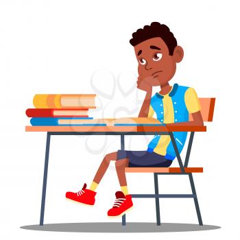 Sad Child Sitting At A Desk In The Classroom Vector. School. Education. Illustration