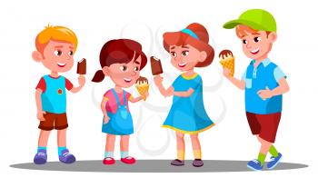 Group Of Boys And Girls Eating Ice Cream Vector. Sweet. Eating. Illustration
