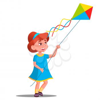 Little Kid Girl Running With Colored Kite In Her Hand Vector. Summer. Outdoor Activity On Playground. Isolated Illustration