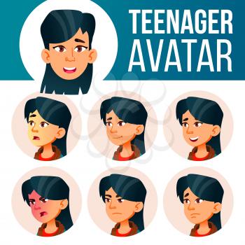 Asian Teen Girl Avatar Set Vector. Face Emotions. User, Character. Fun, Cheerful Cartoon Illustration