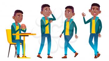 Boy Schoolboy Kid Poses Set Vector. Black. Afro American. High School Child. School Student. Graduation, Homework, Teacher. For Banner, Flyer, Web Design Isolated Cartoon Illustration
