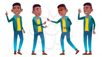 Boy Schoolboy Kid Poses Set Vector. Black. Afro American. High School Child. Secondary Education. Educational, Lecture. For Card, Advertisement, Greeting Design. Isolated Cartoon Illustrat