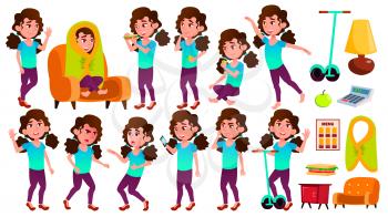 Girl Schoolgirl Kid Poses Set Vector. High School Child. School Student. Cheer, Pretty, Youth. For Presentation, Print, Invitation Design. Isolated Cartoon Illustration