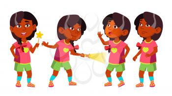 Girl Kindergarten Kid Poses Set Vector. Indian, Hindu. Playground. Childhood. Smile. Toys. For Web, Poster Booklet Design Isolated Illustration