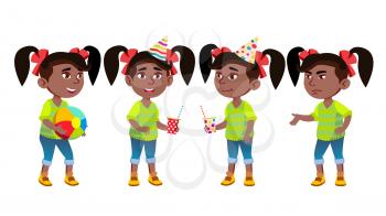 Girl Kindergarten Kid Poses Set Vector. Black. Afro American. Little Child. Having Fun On Carnival, Birthday Party. For Advertisement, Greeting, Announcement Design. Isolated Illustration