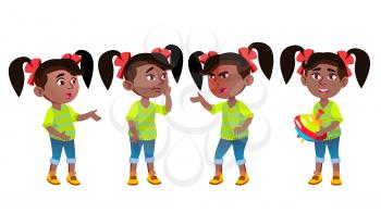 Girl Kindergarten Kid Emotions Set Vector. Black. Afro American. Preschool, Childhood. For Postcard, Cover, Placard Design Isolated Illustration