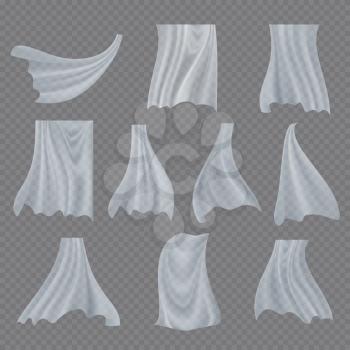 White Cloth Set Vector. Billowing Clear Curly Curtain Transparent White Cloth. Fluttering Curved Fabric Silk. Window Home Decoration. Realistic Material Illustration