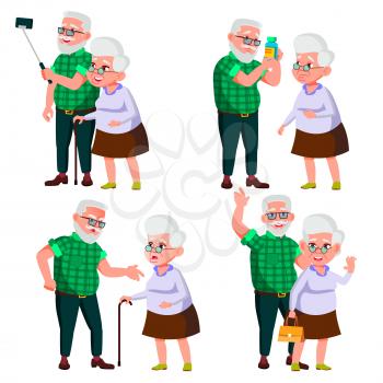 Elderly Couple Set Vector. Grandfather And Grandmother. Silver Hair. Senior Lady And Gentleman. Situations. Old Senior People. European. Isolated Flat Cartoon Illustration