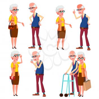 Elderly Couple Set Vector. Modern Grandparents. Old Age. With Glasses. Face Emotions. Happy People Together. European. Isolated Flat Cartoon Illustration