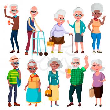 Elderly People Vector. Grandfather And Grandmother. Face Emotions. Happy People. Poses. Black, Afro American, European. Isolated Cartoon Illustration